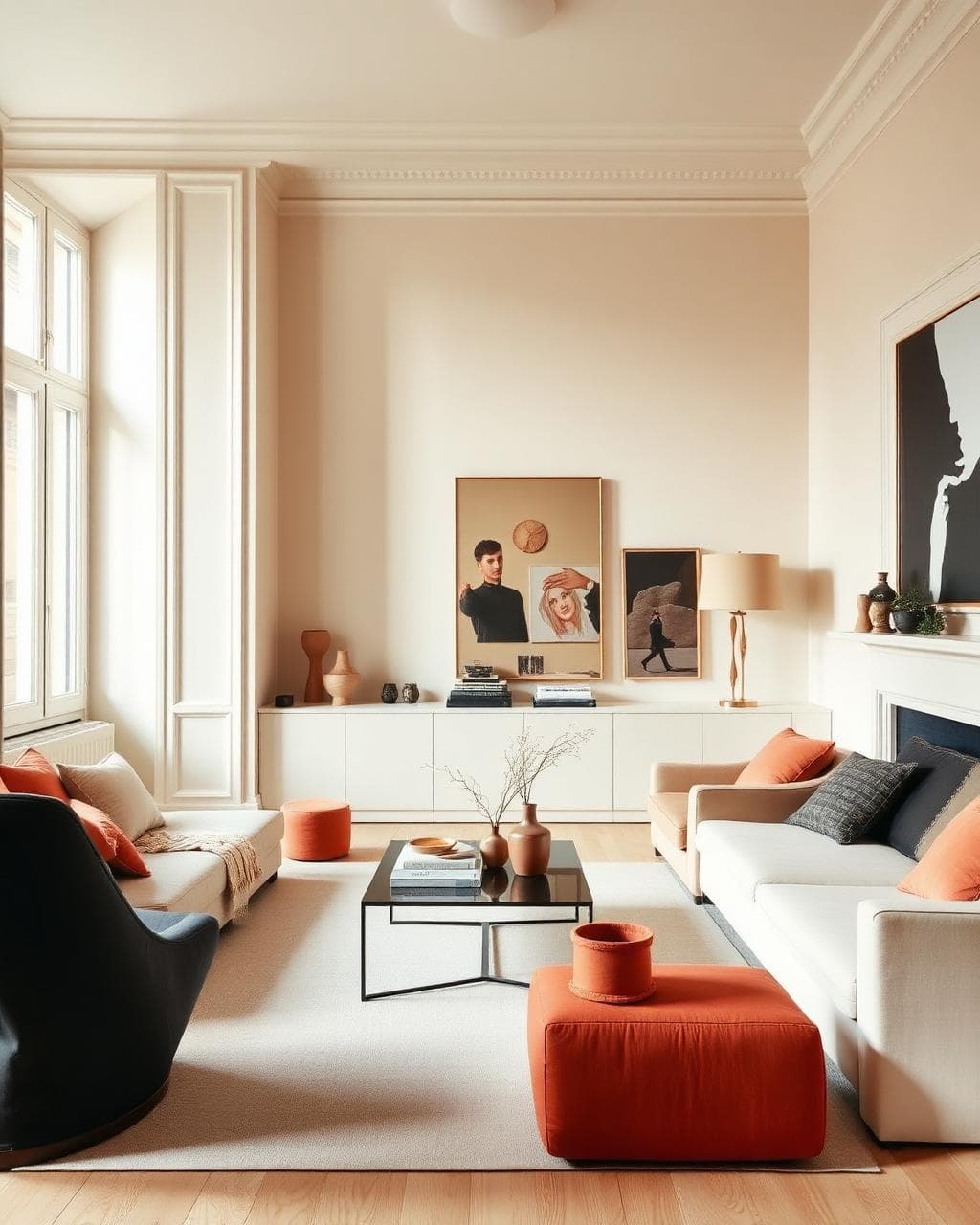 Salon chaleureux aux tons crème et terracotta